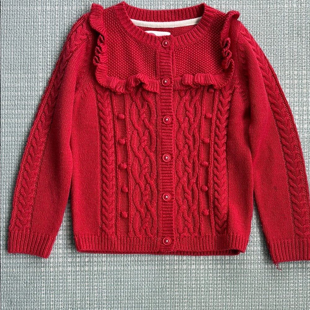 Mini Boden Red Cable Knit Sweater with Ruffle Details